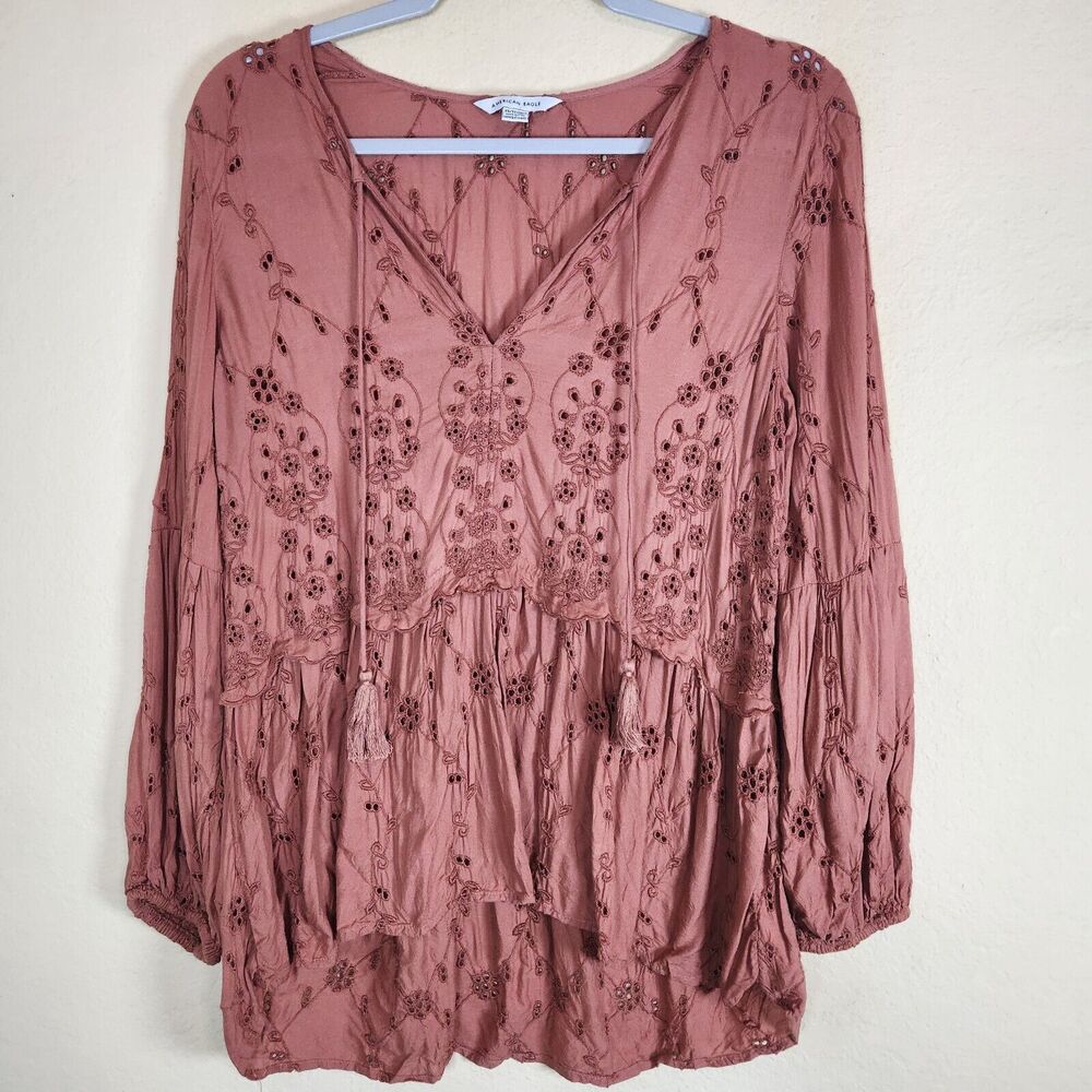 American Eagle XS Light Boho Blouse tassel tiered eyelets Floral Hippie Peplum
